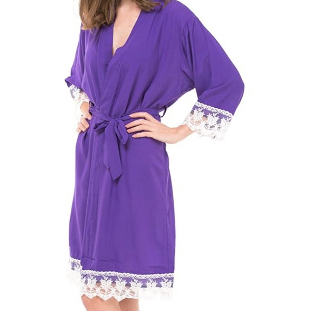 Women's Cotton Kimono Robe with Lace Trim robes- purple. NEW! - Picture 3 of 5